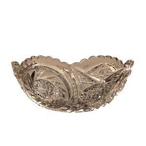 Vintage Cut Crystal Glass Serving Bowl w/ Pinwheel Star Pattern Tooth Edge